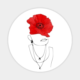 Woman face drawing with a red poppy Magnet